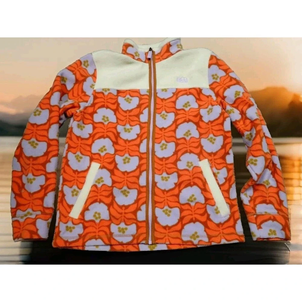REI‎ Fleece Jacket Girls XL 18 Orange Floral Excellent Full Zip Mock Neck Coat